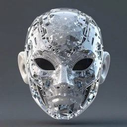 an extremely high quality octane render of a crystallised cybertronic cyberpunk mask made of opal labradorite moldavite petalite specimen, peacock mantis shrimp colors, glittering, highly detailed, highly polished, reflective, specular, complimentary colors, 8 k, hd photo, reflections, shimmering, sharp edges, crisp
