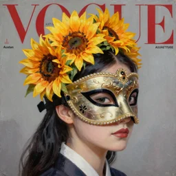 masquerade ball mask, korean audrey hepburn, vogue magazine, elle magazine, greg rutkowski, john singer sargent, trending on artstation, anime, oil painting, side profile portrait, sunflower tiara, intricate