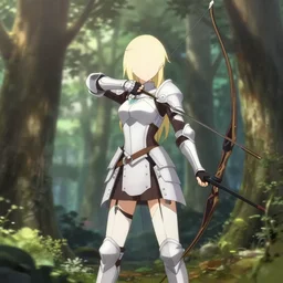 isekai beautiful anime girl armored elven archer standing in forest. flat face. aesthetic, golden ratio. beautiful lineart, popular on pixiv, artstation, soft lighting, artistic pose, character concept, cinematic, motion blur, chromatic abberation. by trent kaniuga, kienan lafferty