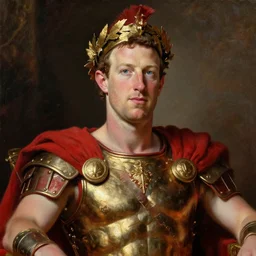 beautiful closeup portrait oil painting, mark zuckerberg the barbarian wearing a golden wreath crown in royal crimson spartan armor enthroned as the god emperor of ancient rome, mid - shot, by anders zorn, wonderful masterpiece by greg rutkowski, beautiful cinematic light, american romanticism, by thomas lawrence, greg rutkowski