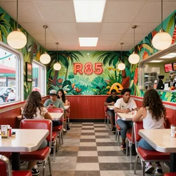 1 9 8 5 tropical jungle themed classic american diner, people sitting at tables, junglecore, one point perspective, americana, restaurant interior photography