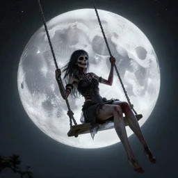 undead girl swinging on a swing attached to the moon, highly detailed, artstation,