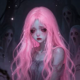 ghostly ethereal monster girl with long hair crying surrounded by screaming spirits, pink and black, super detail, highly detailed,,beautiful, silent hill, pink, highly detailed glittery sparkly shooting stars glowing, creepy beautiful hyperrealism, award winning artwork, realistic hair, artstation trend, high quality print, fine art with subtle redshift rendering,