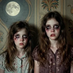 two gorgeous but creepy siblings in layers of fear, with haunted eyes and wild hair, 1 9 7 0 s, seventies, wallpaper, a little blood, moonlight showing injuries, delicate embellishments, painterly, offset printing technique, by coby whitmore, jules bastien - lepage