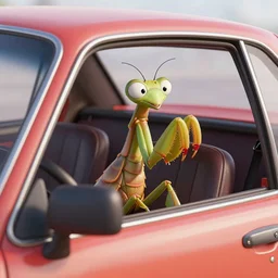 pixar style praying mantis in a driver seat of a barbecue grill car, 4 k, detailed, octane renderer