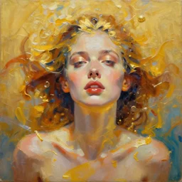 abstract oil matte portrait painting woman infused and swimming in a golden liquid detailed faces, visible brushstrokes, smears of light, bright colors, trending on artstation