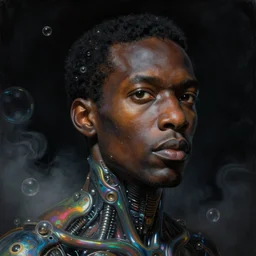 a neoclassicist close - up portrait of a black man gazing across intensely cloaked in iridescent and reflective alien technology with glowing bubbles. foggy black background with dark puffy glowing clouds. highly detailed science fiction painting by norman rockwell, frank frazetta, syd mead and moebius. rich colors, high contrast, gloomy atmosphere, dark background. trending on artstation.