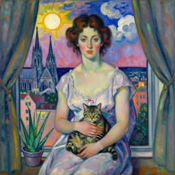 close portrait of woman in night gown with cat and aloe vera, with city with gothic cathedral seen from a window frame with curtains. sun through the clouds, vivid iridescent colors. agnes pelton, egon schiele, henri de toulouse - lautrec, utamaro, monet