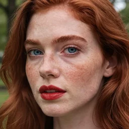 close up photo of the left side of the face of a redhead woman with blue eyes and wavy long red-brown hair, red detailed lips and freckles who looks directly at the camera. Slightly open mouth. Whole head visible and covers half of the frame, with a park visible in the background. 135mm nikon. Intricate. Very detailed 8k. Sharp. Cinematic post-processing. Unreal engine. Nanite. Ray tracing. Parallax. Tessellation