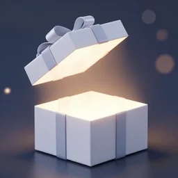 open gift white box with glow inside, down-up lateral view, interior hidden, highly detailed digital art, concept art, bokeh, photorealistic trending on artstation,