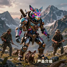 mystical monster in mountains hunting on gamekeeper. he wearing a steampunk and neonpunk mechanical fluorescent mystical animal masks. realistic fornite style. full body. product introduction photos. luminescent, elements, hyperrealistic, volumetric lighting. epic cinematic shot, perfectly defined features, ambient occlusion, styles of igor morski, jim warren, and rob gonsalves