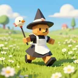 ( lowpoly ) ps 1 playstation 1 9 9 9 running anthropomorphic lurantis maid wearing witch hat holding a swadloon standing in a field of daisies, mount coronet in the distance digital illustration by ruan jia on artstation