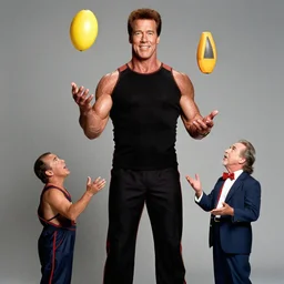 a 1 5 feet tall arnold schwarzenegger juggling three small danny devitos