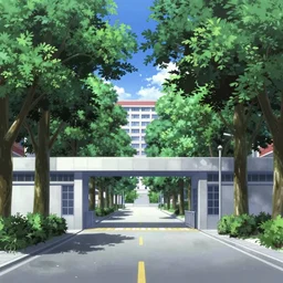 private academy entrance, boulevard, dense trees, building in the distance, overhanging branches, long road, cel - shading, 2 0 0 1 anime, flcl, jet set radio future, the world ends with you, kid a, cel - shaded, strong shadows, vivid hues, y 2 k aesthetic, art by artgerm