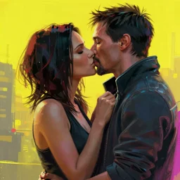a cyberpunk 2077 srcreenshot couple portrait of Keanu Reeves as Neo & Carrie-Anne Moss as Triniti in kiss,love,film lighting,by Laurie Greasley,Lawrence Alma-Tadema,Dan Mumford,artstation,deviantart,FAN ART,full of color,Digital painting,face enhance,highly detailed,8K,octane,golden ratio,cinematic lighting