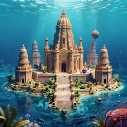abandoned lost city of Atlantis under water , vibrant colors, Smooth, 3D Render, cinema 4d, blender 3d, photorealistic, 8k, HDR, Cinema, cinematic