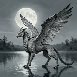 winged beast on a silent lake | moon background, concept art, trending on artstation, wlop, ross draws, digital painting, mixed media, intricate details,