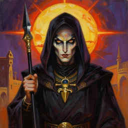 a vibrant portrait painting of a evil necromancer with piercing eyes in fantasy egypt setting, centered, dying earth, darksun, art by frank frazetta, artgerm, michael whelan, chris riddell, greg rutkowski