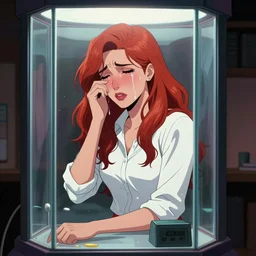 a beautiful comic book illustration of a woman with long red hair and a white shirt crying in a glass machine by Jerome Opeña, featured on artstation