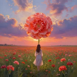 face of carnations flower, girl standing in a flower field, surreal photography, sunrise dramatic light, impressionist painting, colorful clouds, digital painting, artstation, simon stalenhag, flower face