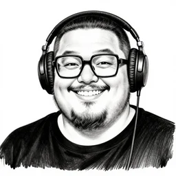highly detailed ink illustration of a broad buff smiling man with long stubble, big square glasses and black bowl cut, wearing a black tshirt and black headphones, b & w clean shaped illustration by kim jung gi, ron english and eiichiro oda