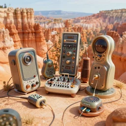 close up photography of strange surrealist detailed alien electronic-musical-instruments!! in a bryce 3d surrealist landscape biome,  designed by pixar!!, Michael Whelan art directs Dune (1984), hyper detailed, photorealistic, 8k, hd