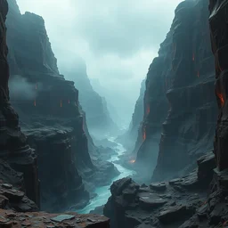 a realistic detailed photo of canyon, alien rocks, red rain, water, alien landscape, foggy landscape, light particles, detailed light, epic, cinematic, realistic shaders, trending on realism, detailed textures, detailed, realistic.