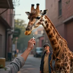 a giraffe wearing street clothes, injecting itself with heroin in a back alley, evening light, 4k, unreal engine, artstation, incredible detail