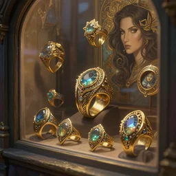 shop window for magical rings, close up ring, magic ring, deep focus, d & d, fantasy, kate beckinsale, intricate, elegant, highly detailed, digital painting, artstation, concept art, matte, sharp focus, illustration, hearthstone, art by artgerm and greg rutkowski and alphonse mucha