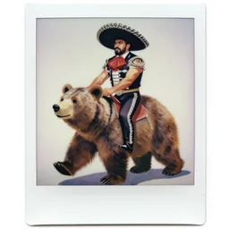 Mexican wrestler riding a bear, polaroid, expresive brush