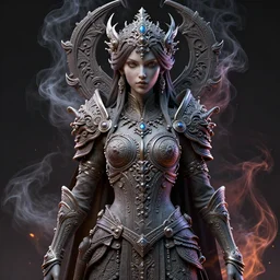 long shot of a beautiful detailed art of girl warrior, by tomasz alen kopera and justin gerard, symmetrical features, ominous, magical realism, texture, intricate, ornate, royally decorated, whirling smoke, embers, fantasy, trending on artstation, volumetric lighting, micro details, 3 d sculpture, ray tracing, 8 k, anaglyph effect