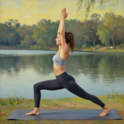 a skinny young woman wearing workout clothes doing yoga near the lake, a painting by leonardo da vinci!