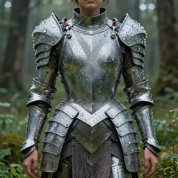 full shot of a regal brown woman wearing an intricate and detailed armor made of dew drops. woman is standing in a lush green forest. multiple layers. reflections. morning dew. textures. delicate. translucent. extremely coherent. studio portrait. photorealistic. octane render