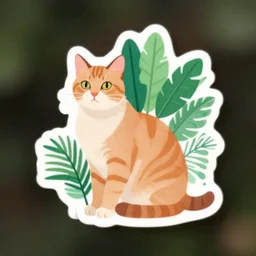 cat and tropical plant illustration vinyl sticker, one sticker, single sticker, sharp clear focus, high quality, studio lighting, trending on instagram, product mockup, sigma 8 5 mm f / 1. 4