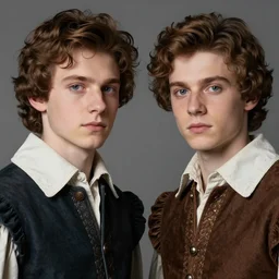 medium shot of beautiful attractive twin brothers, young face, brown hair, intricate face, wearing 1 7 th century clothes, outside, matte painting, sargent, leyendecker, close - up shot asymmetrical intricate elegant matte painting, sharp focus, by greg rutkowski