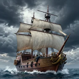 pirate ship from one piece sailing, dynamic sky, storm sky, with light piercing through stormy clouds, birds near the ship, rough sea, crepuscular rays, volumetric lighting, pixiv art, cgsociety, highly detailed
