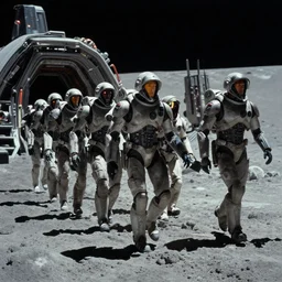 color film still, android soldiers marching in the lunar base ; moon ( 2 0 0 9 )