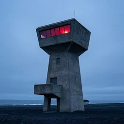 an old robust concrete brutalist observation tower from ww 2 with red light coming from inside. the tower stands in a icelandic beach, black sand beach, blue hour, cloudy day, art by filip hodas
