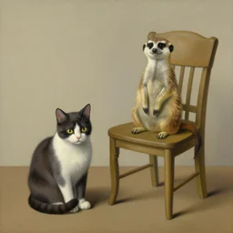 a cat, a meerkat and a chair. painting by rene magritte.