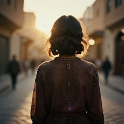 a 3 5 mm photo from the back of a woman in morocco, splash art, movie still, bokeh, canon 5 0 mm, cinematic lighting, dramatic, film, photography, golden hour, depth of field, award - winning, anamorphic lens flare, 8 k, hyper detailed, 3 5 mm film grain