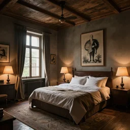 wide angle photograph of a cozy bedroom designed by hr giger