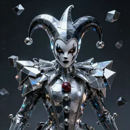 front shot of a court jester character ominous fractal hyper cubes platinum cracked dark future realistic holo fluid edges poly extraordinary detailed concept artstation sharp focus ray tracing cinematic masterpiece fine portrait