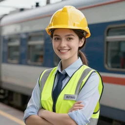 young female train engineer, smiling, digital portrait by greg rutkowski, intricate, soft focus, highly detailed, cinematic, epic, artstation