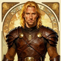 keanu reeves in the slumps, brown skin, golden hair, brown leather armor, high fantasy, dnd, smooth, sharp focus, illustration, by rossdraws, alphonse mucha, frank fanzzeta