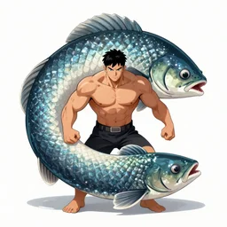 a muscular man merged with a gian fish
