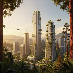 a solarpunk cityscape in the forest, skyscrapers, flying cars, high - rise gardens, redwoods, concept art, architectural concept diagram, golden hour