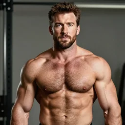 chris evans as a bodybuilder, masculine, muscular, handsome, powerful, hairy torso, 4 k hd artstation