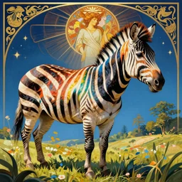 a rainbow zebra. masterful, detailed. vivid bright colors, artstation, by jeremy mann, by alphonse mucha