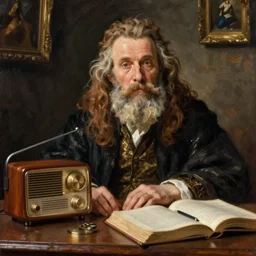 wizard, radio equipment, desk, tome, oil painting by Rembrandt