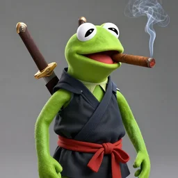 Kermit the Frog wearing a ninja outfit with two swords on his back, smoking a cigar, hyperrealism, trending on artstation, 4k